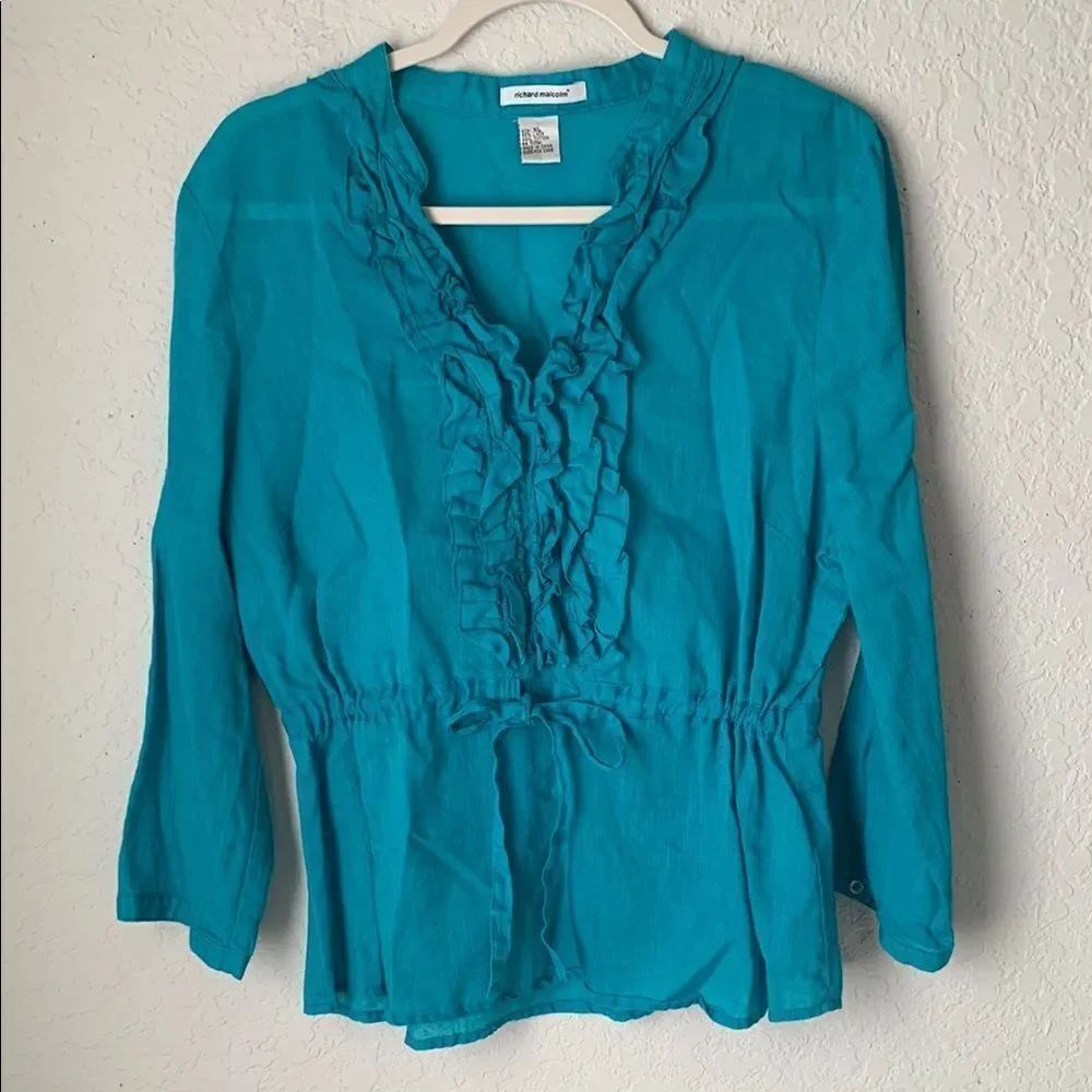 Richard Malcolm Linen Blue Flutter Sleeve Ruffled Blouse Lightweight Size XL